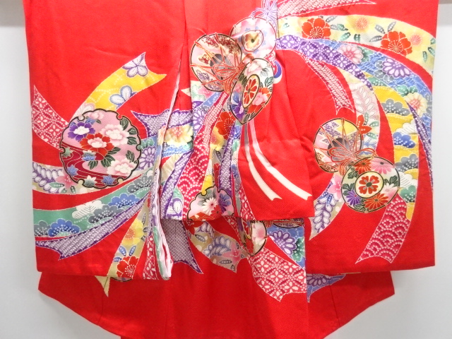 鼓に草花模様子供着物（長襦袢・内袖付き）
